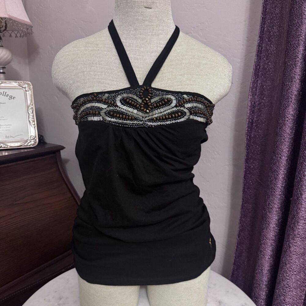 Y2K Southpole Black Wooden Beaded Halter Top size L